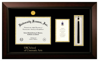 University of Southern California School of Cinematic Arts Diploma with Announcement & Tassel Box Frame in Legacy Black Cherry with Black & Gold Mats for document: 8 1/2"h x 11"w  , diploma: 7"h x 4"w  