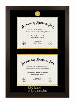 University of Southern California School of Dramatic Arts Double Diploma Frame in Manhattan Espresso with Black & Gold Mats for document: 8 1/2"h x 11"w  , document: 8 1/2"h x 11"w  