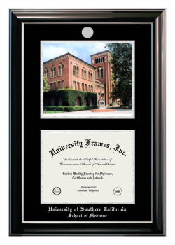 University of Southern California School of Medicine Double Opening with Campus Image (Stacked) Frame in Classic Ebony with Silver Trim with Black & Silver Mats for document: 8 1/2"h x 11"w  