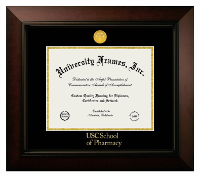 University of Southern California School of Pharmacy Diploma Frame in Legacy Black Cherry with Black & Gold Mats for document: 8 1/2"h x 11"w  