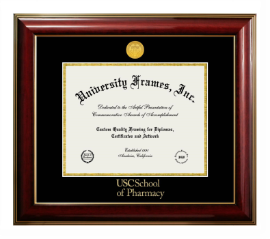 University of Southern California School of Pharmacy Diploma Frame in Classic Mahogany with Gold Trim with Black & Gold Mats for document: 8 1/2"h x 11"w  