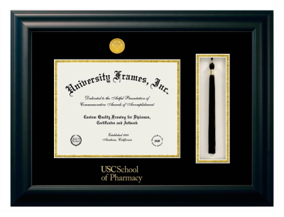 University of Southern California School of Pharmacy Diploma with Tassel Box Frame in Satin Black with Black & Gold Mats for document: 8 1/2"h x 11"w  