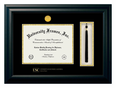 University of Southern California School of Theatre Diploma with Tassel Box Frame in Satin Black with Black & Gold Mats for document: 8 1/2"h x 11"w  