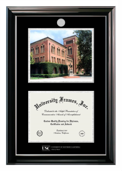 University of Southern California School of Theatre Double Opening with Campus Image (Stacked) Frame in Classic Ebony with Silver Trim with Black & Silver Mats for document: 8 1/2"h x 11"w  
