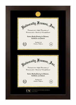 University of Southern California School of Theatre Double Diploma Frame in Manhattan Espresso with Black & Gold Mats for document: 8 1/2"h x 11"w  , document: 8 1/2"h x 11"w  