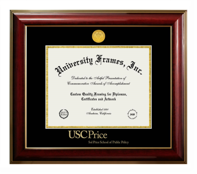 University of Southern California Sol Price School of Public Policy Diploma Frame in Classic Mahogany with Gold Trim with Black & Gold Mats for document: 8 1/2"h x 11"w  