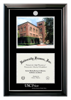 University of Southern California Sol Price School of Public Policy Double Opening with Campus Image (Stacked) Frame in Classic Ebony with Silver Trim with Black & Silver Mats for document: 8 1/2"h x 11"w  