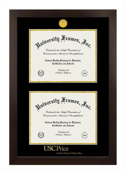 University of Southern California Sol Price School of Public Policy Double Diploma Frame in Manhattan Espresso with Black & Gold Mats for document: 8 1/2"h x 11"w  , document: 8 1/2"h x 11"w  