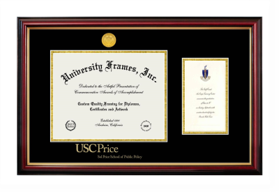 University of Southern California Sol Price School of Public Policy Diploma with Announcement Frame in Petite Mahogany with Gold Trim with Black & Gold Mats for document: 8 1/2"h x 11"w  , diploma: 7"h x 4"w  
