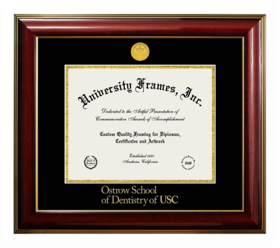 University of Southern California The Herman Ostrow School of Dentistry Diploma Frame in Classic Mahogany with Gold Trim with Black & Gold Mats for document: 8 1/2"h x 11"w  