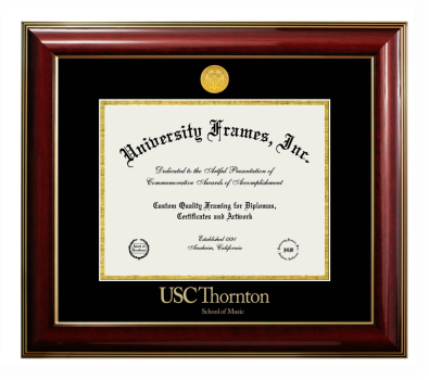 University of Southern California Thornton School of Music Diploma Frame in Classic Mahogany with Gold Trim with Black & Gold Mats for document: 8 1/2"h x 11"w  