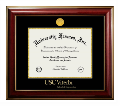 University of Southern California Viterbi School of Engineering Diploma Frame in Classic Mahogany with Gold Trim with Black & Gold Mats for document: 8 1/2"h x 11"w  