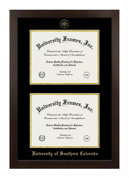 University of Southern Colorado Double Diploma Frame in Manhattan Espresso with Black & Gold Mats for document: 8 1/2"h x 11"w  , document: 8 1/2"h x 11"w  