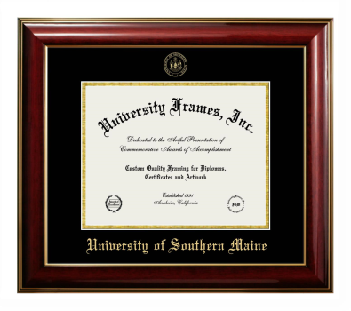 University of Southern Maine Diploma Frame in Classic Mahogany with Gold Trim with Black & Gold Mats for document: 8 1/2"h x 11"w  
