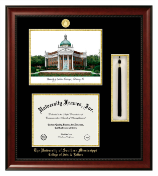 University of Southern Mississippi College of Arts & Letters Double Opening with Campus Image & Tassel Box (Stacked) Frame in Avalon Mahogany with Black & Gold Mats for document: 8 1/2"h x 11"w  