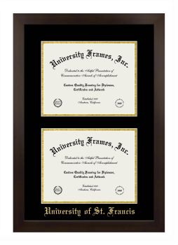 University of St. Francis (Joliet) Double Diploma Frame in Manhattan Espresso with Black & Gold Mats for document: 8 1/2"h x 11"w  , document: 8 1/2"h x 11"w  