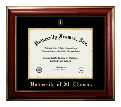University of St. Thomas (Texas) Diploma Frame in Classic Mahogany with Gold Trim with Black & Gold Mats for document: 8 1/2"h x 11"w  