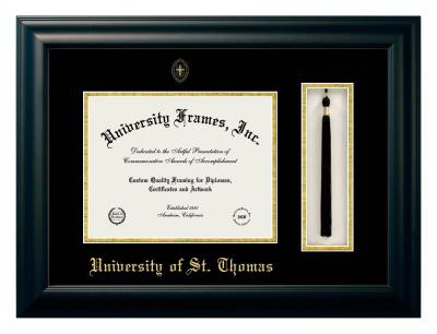 University of St. Thomas (Texas) Diploma with Tassel Box Frame in Satin Black with Black & Gold Mats for document: 8 1/2"h x 11"w  