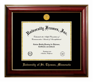University of St. Thomas (Minnesota) Diploma Frame in Classic Mahogany with Gold Trim with Black & Gold Mats for document: 8 1/2"h x 11"w  