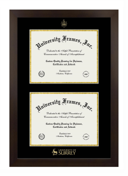 University of Surrey Double Diploma Frame in Manhattan Espresso with Black & Gold Mats for document: 8 1/2"h x 11"w  , document: 8 1/2"h x 11"w  