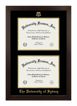 University of Sydney Double Diploma Frame in Manhattan Espresso with Black & Gold Mats for document: 8 1/2"h x 11"w  , document: 8 1/2"h x 11"w  