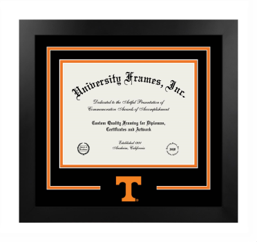 University of Tennessee Logo Mat Frame in Manhattan Black with Black & Light Orange Mats for document: 8 1/2"h x 11"w  