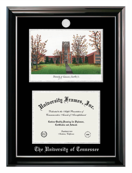University of Tennessee Double Opening with Campus Image (Stacked) Frame in Classic Ebony with Silver Trim with Black & Silver Mats for document: 8 1/2"h x 11"w  