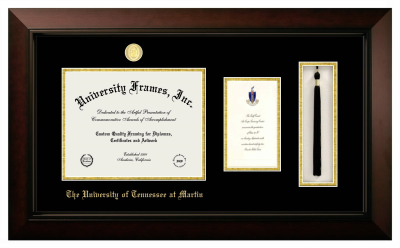 University of Tennessee at Martin Diploma with Announcement & Tassel Box Frame in Legacy Black Cherry with Black & Gold Mats for document: 8 1/2"h x 11"w  , diploma: 7"h x 4"w  