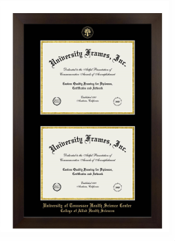 University of Tennessee Health Science Center College of Allied Health Sciences Double Diploma Frame in Manhattan Espresso with Black & Gold Mats for document: 8 1/2"h x 11"w  , document: 8 1/2"h x 11"w  