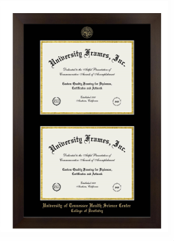 University of Tennessee Health Science Center College of Dentistry Double Diploma Frame in Manhattan Espresso with Black & Gold Mats for document: 8 1/2"h x 11"w  , document: 8 1/2"h x 11"w  