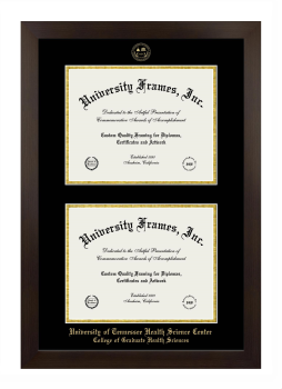 University of Tennessee Health Science Center College of Graduate Health Sciences Double Diploma Frame in Manhattan Espresso with Black & Gold Mats for document: 8 1/2"h x 11"w  , document: 8 1/2"h x 11"w  