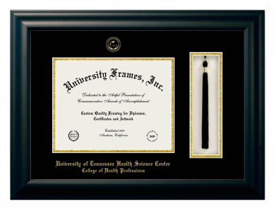 University of Tennessee Health Science Center College of Health Professions Diploma with Tassel Box Frame in Satin Black with Black & Gold Mats for document: 8 1/2"h x 11"w  