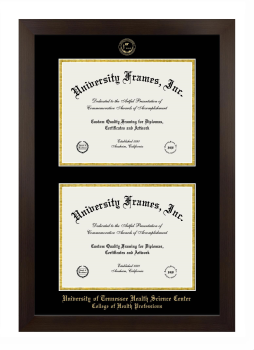 University of Tennessee Health Science Center College of Health Professions Double Diploma Frame in Manhattan Espresso with Black & Gold Mats for document: 8 1/2"h x 11"w  , document: 8 1/2"h x 11"w  
