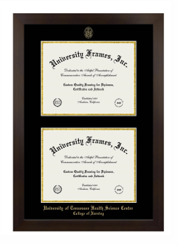 University of Tennessee Health Science Center College of Nursing Double Diploma Frame in Manhattan Espresso with Black & Gold Mats for document: 8 1/2"h x 11"w  , document: 8 1/2"h x 11"w  