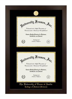 University of Texas at Austin College of Natural Sciences Double Diploma Frame in Manhattan Espresso with Black & Gold Mats for document: 8 1/2"h x 11"w  , document: 8 1/2"h x 11"w  