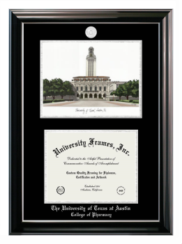 University of Texas at Austin College of Pharmacy Double Opening with Campus Image (Stacked) Frame in Classic Ebony with Silver Trim with Black & Silver Mats for document: 8 1/2"h x 11"w  