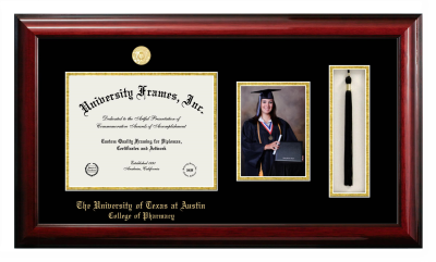 University of Texas at Austin College of Pharmacy Diploma with 5 x 7 Portrait & Tassel Box Frame in Classic Mahogany with Black & Gold Mats for document: 8 1/2"h x 11"w  