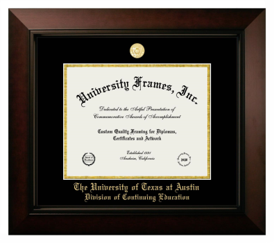University of Texas at Austin Division of Continuing Education Diploma Frame in Legacy Black Cherry with Black & Gold Mats for document: 8 1/2"h x 11"w  