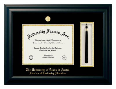 University of Texas at Austin Division of Continuing Education Diploma with Tassel Box Frame in Satin Black with Black & Gold Mats for document: 8 1/2"h x 11"w  