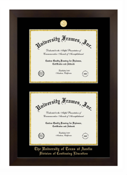 University of Texas at Austin Division of Continuing Education Double Diploma Frame in Manhattan Espresso with Black & Gold Mats for document: 8 1/2"h x 11"w  , document: 8 1/2"h x 11"w  