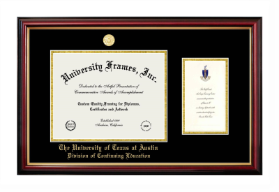 University of Texas at Austin Division of Continuing Education Diploma with Announcement Frame in Petite Mahogany with Gold Trim with Black & Gold Mats for document: 8 1/2"h x 11"w  , diploma: 7"h x 4"w  