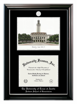 University of Texas at Austin Jackson School of Geosciences Double Opening with Campus Image (Stacked) Frame in Classic Ebony with Silver Trim with Black & Silver Mats for document: 8 1/2"h x 11"w  