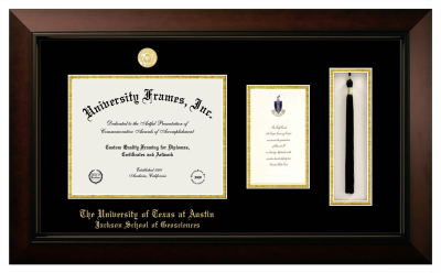 University of Texas at Austin Jackson School of Geosciences Diploma with Announcement & Tassel Box Frame in Legacy Black Cherry with Black & Gold Mats for document: 8 1/2"h x 11"w  , diploma: 7"h x 4"w  