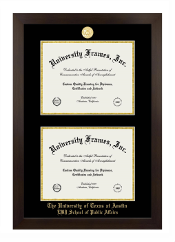 University of Texas at Austin LBJ School of Public Affairs Double Diploma Frame in Manhattan Espresso with Black & Gold Mats for document: 8 1/2"h x 11"w  , document: 8 1/2"h x 11"w  