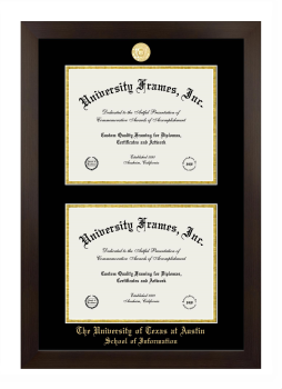 University of Texas at Austin School of Information Double Diploma Frame in Manhattan Espresso with Black & Gold Mats for document: 8 1/2"h x 11"w  , document: 8 1/2"h x 11"w  