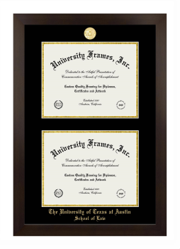 University of Texas at Austin School of Law Double Diploma Frame in Manhattan Espresso with Black & Gold Mats for document: 8 1/2"h x 11"w  , document: 8 1/2"h x 11"w  