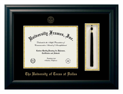University of Texas at Dallas Diploma with Tassel Box Frame in Satin Black with Black & Gold Mats for document: 8 1/2"h x 11"w  