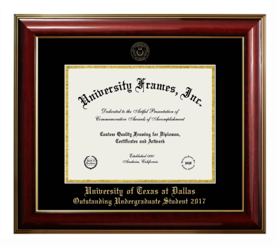University of Texas at Dallas Outstanding Undergraduate Student 2017 Diploma Frame in Classic Mahogany with Gold Trim with Black & Gold Mats for document: 8 1/2"h x 11"w  