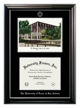University of Texas at San Antonio Double Opening with Campus Image (Stacked) Frame in Classic Ebony with Silver Trim with Black & Silver Mats for document: 8 1/2"h x 11"w  