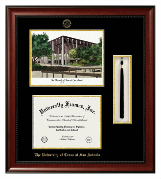 University of Texas at San Antonio Double Opening with Campus Image & Tassel Box (Stacked) Frame in Avalon Mahogany with Black & Gold Mats for document: 8 1/2"h x 11"w  